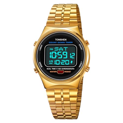 TONSHEN Herren Edelstahl Uhr Digital LED Elektronik Multifunktional Alarm Stoppuhr Sportuhr Uhren (Gold 2) von TONSHEN