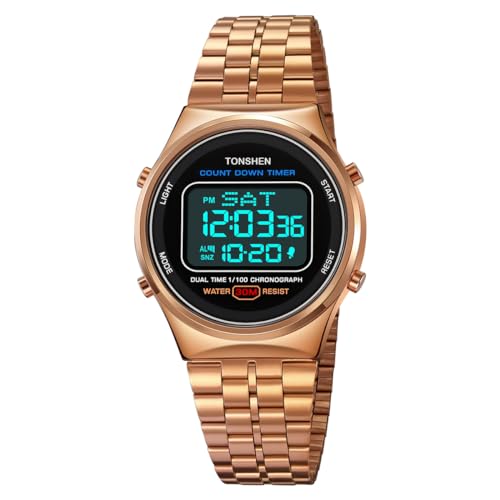 TONSHEN Herren Edelstahl Uhr Digital LED Elektronik Multifunktional Alarm Stoppuhr Sportuhr Uhren (Rose 2) von TONSHEN