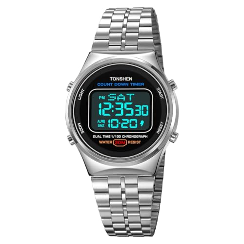 TONSHEN Herren Edelstahl Uhr Digital LED Elektronik Multifunktional Alarm Stoppuhr Sportuhr Uhren (Silber 2) von TONSHEN