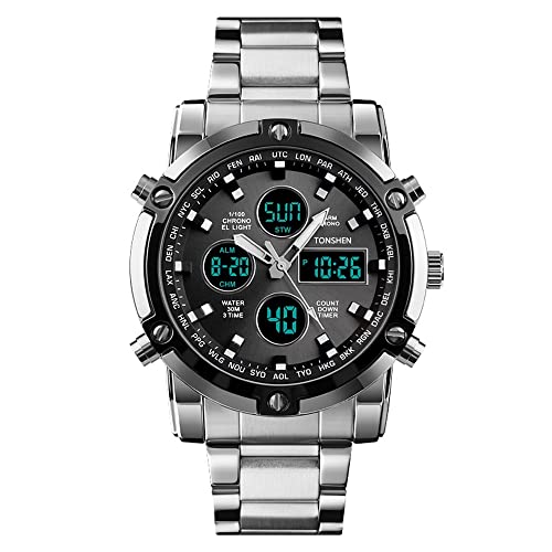 TONSHEN Herren Edelstahl Uhren 50M Wasserdicht Analog Sportuhr Doppel Zeit Datum Kalender Männlich Quarz Armbanduhr Casual Uhr Herrenuhr 12H/24H Kleine Zifferblatt (Schwarz) von TONSHEN