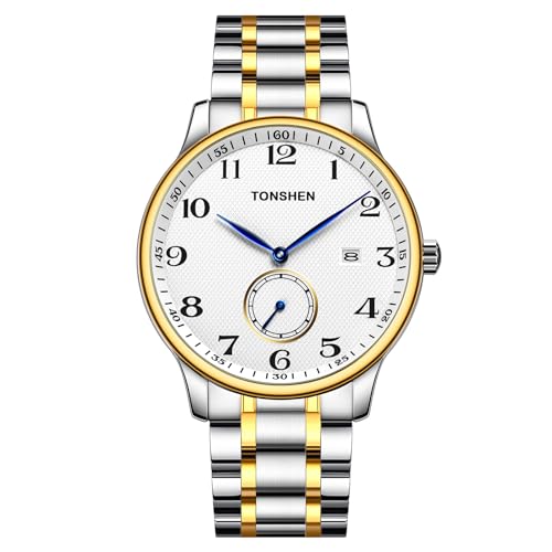 TONSHEN Herren Edelstahl Uhren Analog Quarz Armbanduhr Datum Zweites Zifferblatt (Gold 2) von TONSHEN