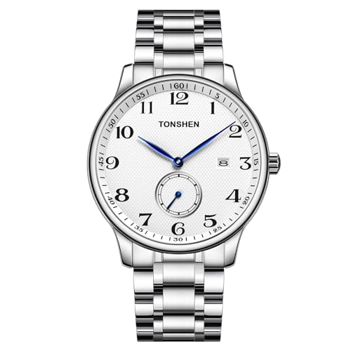 TONSHEN Herren Edelstahl Uhren Analog Quarz Armbanduhr Datum Zweites Zifferblatt (Silber 2) von TONSHEN