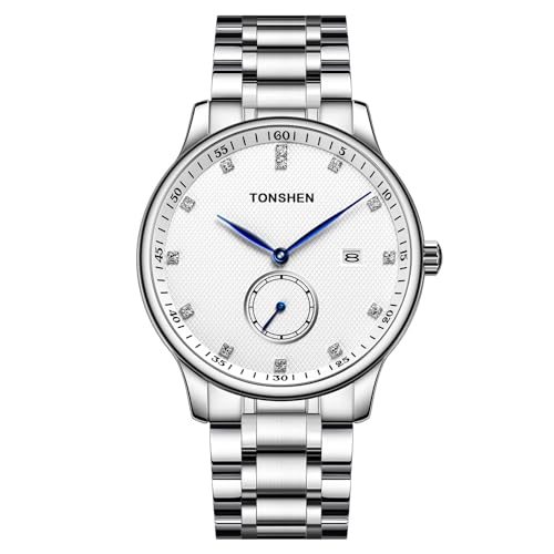 TONSHEN Herren Edelstahl Uhren Analog Quarz Armbanduhr Datum Zweites Zifferblatt (Silber 3) von TONSHEN