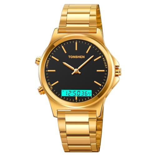 TONSHEN Herren Edelstahl Uhren LED Analog Quarz DREI Zeit Multifunktional Sportuhr Outdoor Militär Elektronik Digitaluhr Alarm Datum Stoppuhr Mehrere Farben Armbanduhr (Gold Schwarz) von TONSHEN