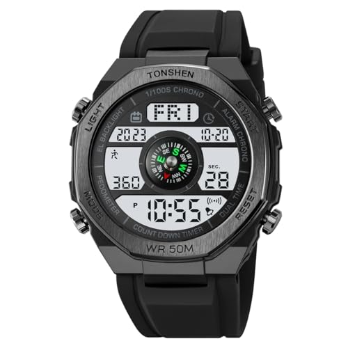 TONSHEN Herren Elektronik Kompass Outdoor Sport Uhren Digitaluhr Wasserdicht LED Multifunktional Schrittzähler Kalorien Double Zeit Alarm Militär Armbanduhr (Schwarz) von TONSHEN