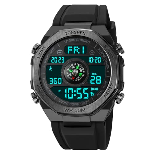 TONSHEN Herren Elektronik Kompass Outdoor Sport Uhren Digitaluhr Wasserdicht LED Multifunktional Schrittzähler Kalorien Double Zeit Alarm Militär Armbanduhr (Schwarz 2) von TONSHEN
