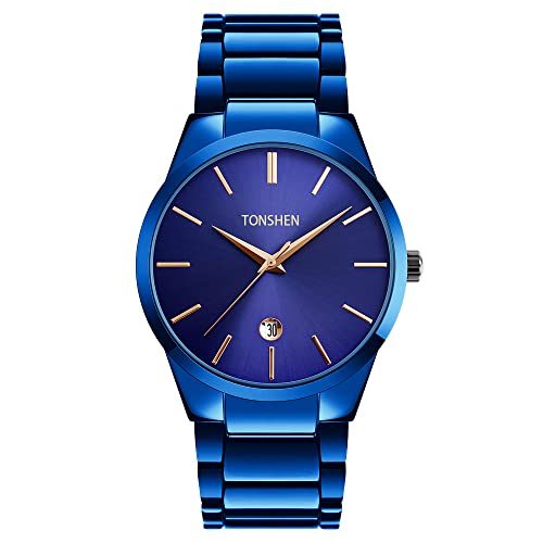 TONSHEN Herren Fashion Analog Quarz Edelstahl Uhren Einfacher Stil Armbanduhr (Blau) von TONSHEN