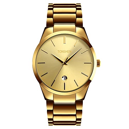 TONSHEN Herren Fashion Analog Quarz Edelstahl Uhren Einfacher Stil Armbanduhr (Gold) von TONSHEN