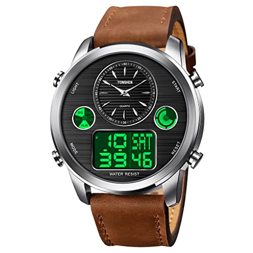 TONSHEN Herren Fashion Edelstahl Digital Uhren LED Elektronik Alarm Analog Quarz DREI Zeit Digitaluhr Outdoor Sportuhr Leder Band Armbanduhr (Hellbraun) von TONSHEN