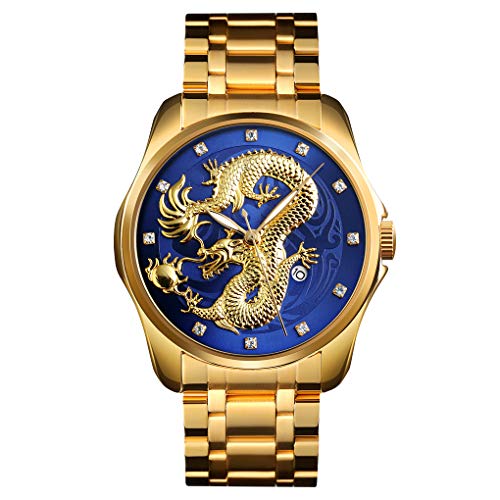 TONSHEN Herren Fashion Edelstahl Uhren Analog Quarz Datum Drache Armbanduhr (Blau) von TONSHEN