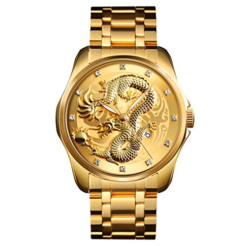 TONSHEN Herren Fashion Edelstahl Uhren Analog Quarz Datum Drache Armbanduhr (Gold) von TONSHEN