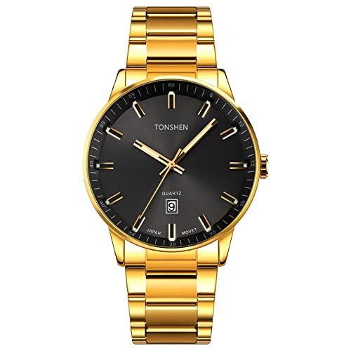 TONSHEN Herren Fashion Edelstahl Uhren Einfaches Stil Casual Analog Quarz Datum Armbanduhr (Gold) von TONSHEN