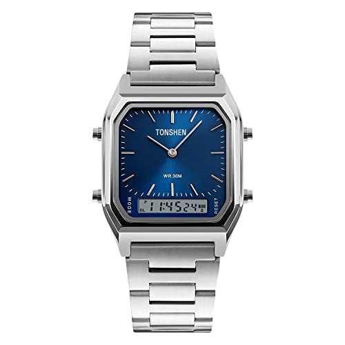 TONSHEN Herren Fashion Edelstahl Uhren LED Analog Quarz DREI Zeit Multifunktional Sportuhr Outdoor Militär Elektronik Digitaluhr Alarm Datum Stoppuhr Armbanduhr (Blau) von TONSHEN