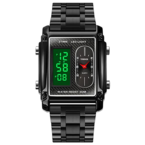 TONSHEN Herren Fashion Multifunktion Uhren LED Elektronik Alarm Analog Quarz DREI Zeit Digitaluhr Outdoor Sportuhr Armbanduhr Edelstahl Lünette mit Leder Band (Edelstahl) von TONSHEN