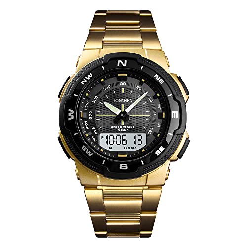 TONSHEN Herren Fashion Uhren Outdoor Militär Sportuhr LED Elektronik Digitaluhr Analog Quarz Double Zeit Armbanduhr 50M Wasserdicht Plastik Lünetten mit Edelstahl Band (Gold) von TONSHEN