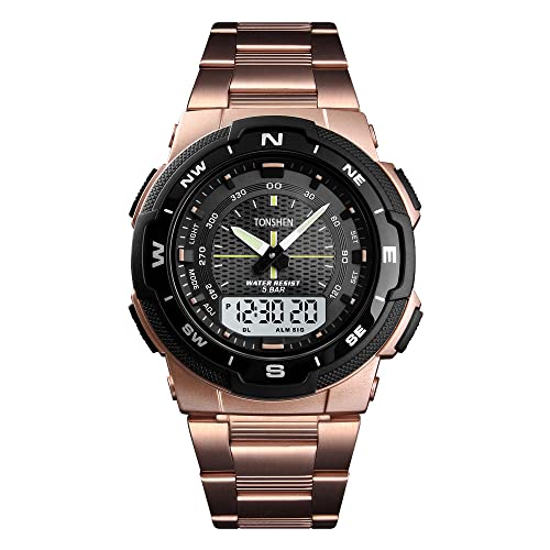 TONSHEN Herren Fashion Uhren Outdoor Militär Sportuhr LED Elektronik Digitaluhr Analog Quarz Double Zeit Armbanduhr 50M Wasserdicht Plastik Lünetten mit Edelstahl Band (Rose) von TONSHEN