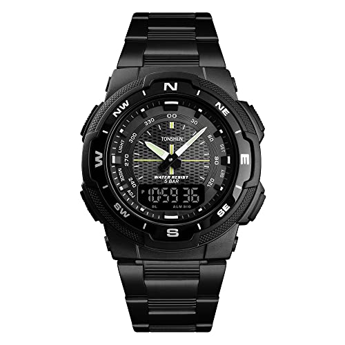 TONSHEN Herren Fashion Uhren Outdoor Militär Sportuhr LED Elektronik Digitaluhr Analog Quarz Double Zeit Armbanduhr 50M Wasserdicht Plastik Lünetten mit Edelstahl Band (Schwarz 2) von TONSHEN