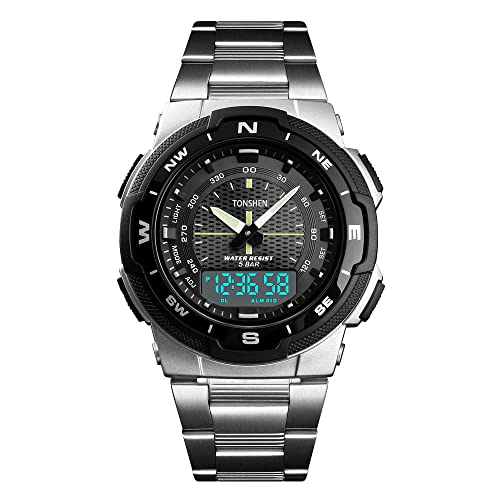 TONSHEN Herren Fashion Uhren Outdoor Militär Sportuhr LED Elektronik Digitaluhr Analog Quarz Double Zeit Armbanduhr 50M Wasserdicht Plastik Lünetten mit Edelstahl Band (Silber) von TONSHEN