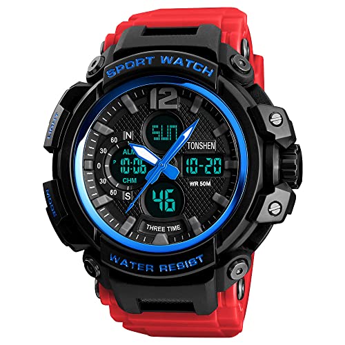 TONSHEN Herren Großes Digital Uhren Analog Quarz LED Elektronik DREI Zeit 50M Wasserdicht Outdoor Militär Sportuhr Alarm Datum Stoppuhr Plastik Armbanduhr (Blau Rot) von TONSHEN