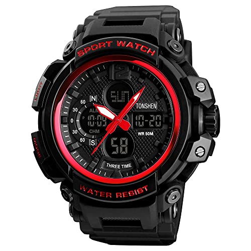 TONSHEN Herren Großes Digital Uhren Analog Quarz LED Elektronik DREI Zeit 50M Wasserdicht Outdoor Militär Sportuhr Alarm Datum Stoppuhr Plastik Armbanduhr (Rot) von TONSHEN