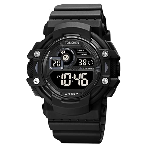 TONSHEN Herren LED Elektronik Digital Outdoor Sport Uhr Doppelte Zeit Alarm Stoppuhr Plastik Uhren 50M Wasserdicht (Schwarz 2) von TONSHEN