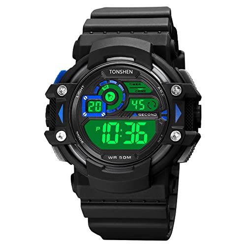 TONSHEN Herren LED Elektronik Digital Outdoor Sport Uhr Doppelte Zeit Alarm Stoppuhr Plastik Uhren 50M Wasserdicht (Schwarz-Blau) von TONSHEN