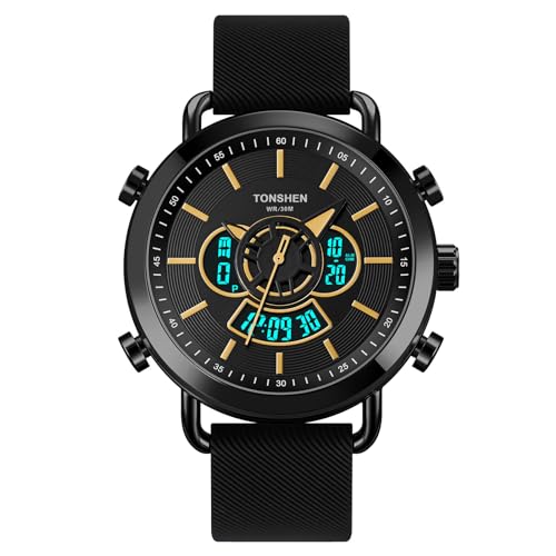 TONSHEN Herren LED Elektronik Uhren Alarm Analog Quarz Doppelte Zeit Digitaluhr Outdoor Sportuhr Edelstahl Lünette mit Leder Band Armbanduhr (Gelb) von TONSHEN