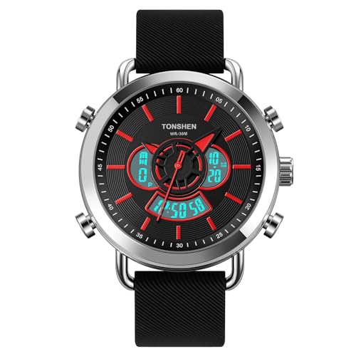 TONSHEN Herren LED Elektronik Uhren Alarm Analog Quarz Doppelte Zeit Digitaluhr Outdoor Sportuhr Edelstahl Lünette mit Leder Band Armbanduhr (Rot) von TONSHEN