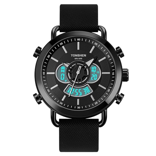 TONSHEN Herren LED Elektronik Uhren Alarm Analog Quarz Doppelte Zeit Digitaluhr Outdoor Sportuhr Edelstahl Lünette mit Leder Band Armbanduhr (Schwarz) von TONSHEN