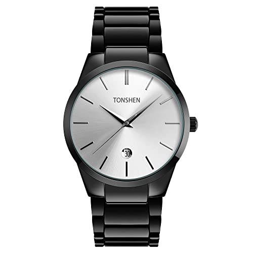 TONSHEN Herren Luxus Fashion Edelstahl Uhren Einfaches Stil Casual Analog Quarz Armbanduhr Datum (Silber) von TONSHEN