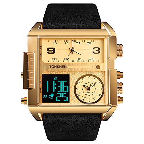 TONSHEN Herren Luxus Fashion Uhren LED Elektronik Alarm Analog Quarz DREI Zeit Digitaluhr Outdoor Sportuhr Groß Edelstahl Lünette mit Leder Band Armbanduhr (Gold) von TONSHEN