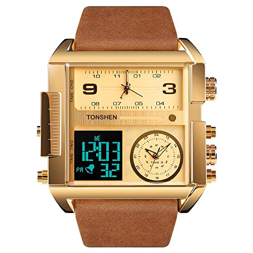 TONSHEN Herren Luxus Fashion Uhren LED Elektronik Alarm Analog Quarz DREI Zeit Digitaluhr Outdoor Sportuhr Groß Edelstahl Lünette mit Leder Band Armbanduhr (Gold 2) von TONSHEN