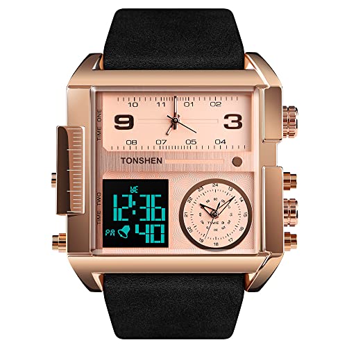 TONSHEN Herren Luxus Fashion Uhren LED Elektronik Alarm Analog Quarz DREI Zeit Digitaluhr Outdoor Sportuhr Groß Edelstahl Lünette mit Leder Band Armbanduhr (Rosa) von TONSHEN