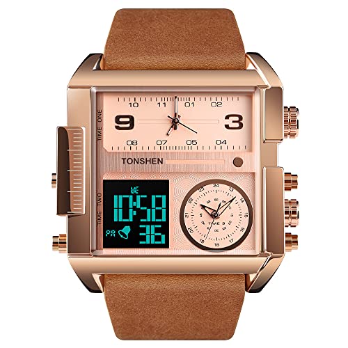 TONSHEN Herren Luxus Fashion Uhren LED Elektronik Alarm Analog Quarz DREI Zeit Digitaluhr Outdoor Sportuhr Groß Edelstahl Lünette mit Leder Band Armbanduhr (Rosa 2) von TONSHEN