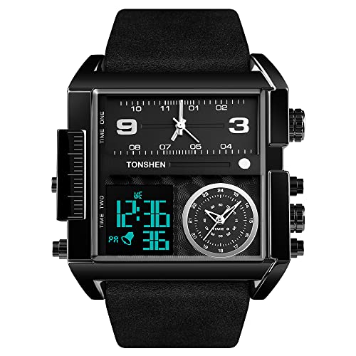 TONSHEN Herren Luxus Fashion Uhren LED Elektronik Alarm Analog Quarz DREI Zeit Digitaluhr Outdoor Sportuhr Groß Edelstahl Lünette mit Leder Band Armbanduhr (Schwarz) von TONSHEN