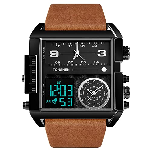 TONSHEN Herren Luxus Fashion Uhren LED Elektronik Alarm Analog Quarz DREI Zeit Digitaluhr Outdoor Sportuhr Groß Edelstahl Lünette mit Leder Band Armbanduhr (Schwarz 2) von TONSHEN