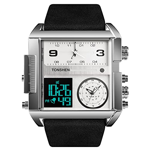 TONSHEN Herren Luxus Fashion Uhren LED Elektronik Alarm Analog Quarz DREI Zeit Digitaluhr Outdoor Sportuhr Groß Edelstahl Lünette mit Leder Band Armbanduhr (Silber) von TONSHEN