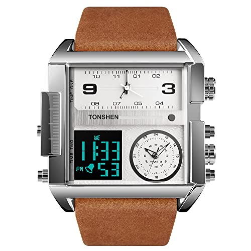 TONSHEN Herren Luxus Fashion Uhren LED Elektronik Alarm Analog Quarz DREI Zeit Digitaluhr Outdoor Sportuhr Groß Edelstahl Lünette mit Leder Band Armbanduhr (Silber 2) von TONSHEN