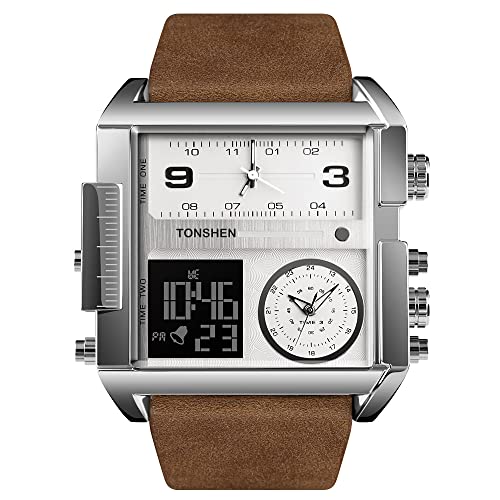 TONSHEN Herren Luxus Fashion Uhren LED Elektronik Alarm Analog Quarz DREI Zeit Digitaluhr Outdoor Sportuhr Groß Edelstahl Lünette mit Leder Band Armbanduhr (Silber 3) von TONSHEN