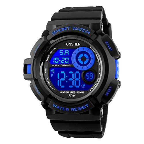 TONSHEN Herren Multifunktion Outdoor Militär Uhren Digitaluhr Sportuhr Mehrfarbig LED Licht 50M Wasserdicht Groß Plastik Lünetten mit Kautschuk Band Armbanduhr (Blau) von TONSHEN