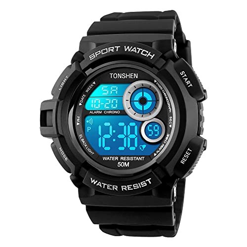 TONSHEN Herren Multifunktion Outdoor Militär Uhren Digitaluhr Sportuhr Mehrfarbig LED Licht 50M Wasserdicht Groß Plastik Lünetten mit Kautschuk Band Armbanduhr (Schwarz) von TONSHEN