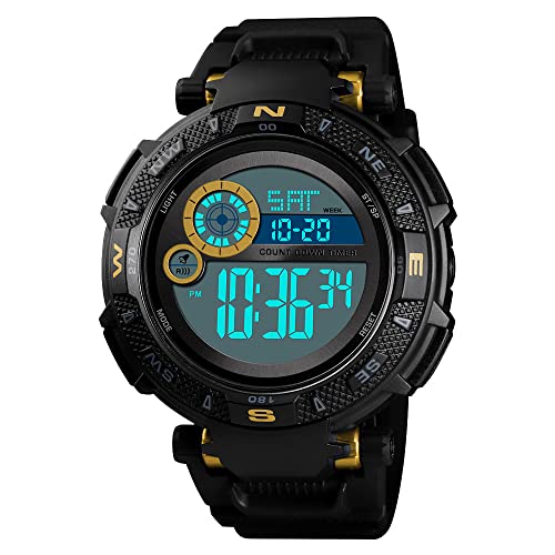 TONSHEN Herren Multifunktional Digital Uhren Outdoor Militär 50M Wasserdicht Sportuhr LED Elektronik Doppelte Zeit Alarm Stoppuhr Uhr Plastik Lünette mit Kautschuk Band (Gelb) von TONSHEN