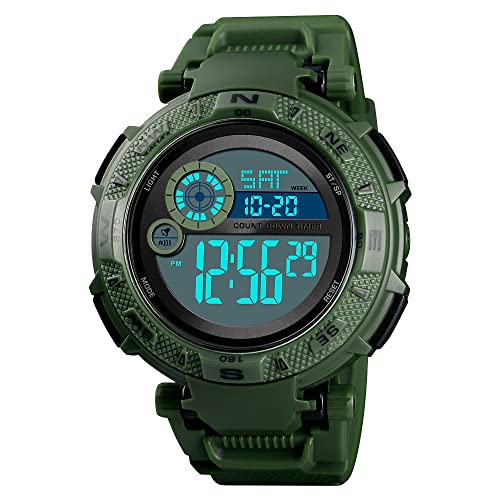 TONSHEN Herren Multifunktional Digital Uhren Outdoor Militär 50M Wasserdicht Sportuhr LED Elektronik Doppelte Zeit Alarm Stoppuhr Uhr Plastik Lünette mit Kautschuk Band (Grün) von TONSHEN