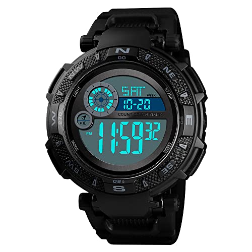 TONSHEN Herren Multifunktional Digital Uhren Outdoor Militär 50M Wasserdicht Sportuhr LED Elektronik Doppelte Zeit Alarm Stoppuhr Uhr Plastik Lünette mit Kautschuk Band (Schwarz) von TONSHEN