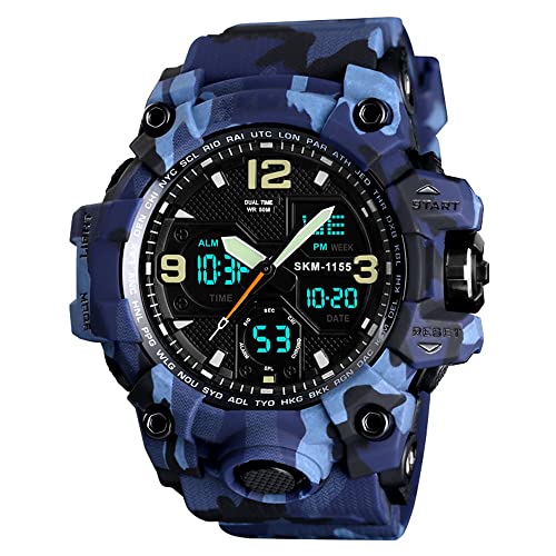 TONSHEN Herren Multifunktional LED Elektronik Analog Quarz Double Zeit Outdoor Militär Digital Sport Uhren 50M Wasserdicht (Blau Camo) von TONSHEN