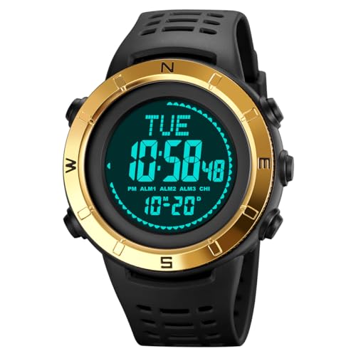 TONSHEN Herren Outdoor Elektron Kompass Countdown Digital Uhren 50M Wasserdicht LED Double Zeit Militär Sportuhr Plastik Lünette mit Silikon Band Armbanduhr (Gold) von TONSHEN