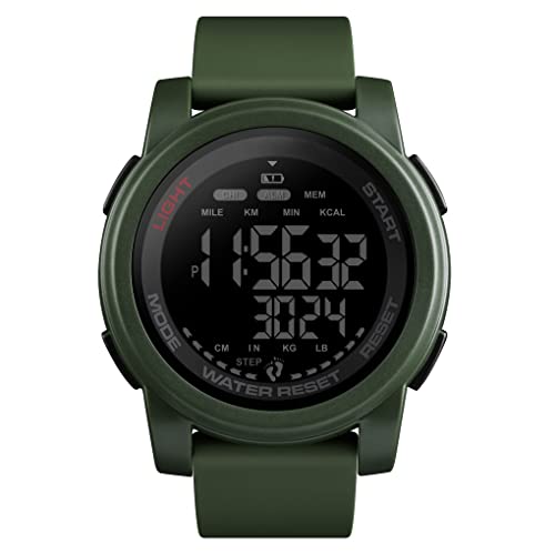 TONSHEN Herren Outdoor Sport Uhren 50M Wasserdicht LED Elektronik Multifunktional Schrittzähler Kalorien Double Zeit Alarm Militär Digitaluhr (Grün) von TONSHEN