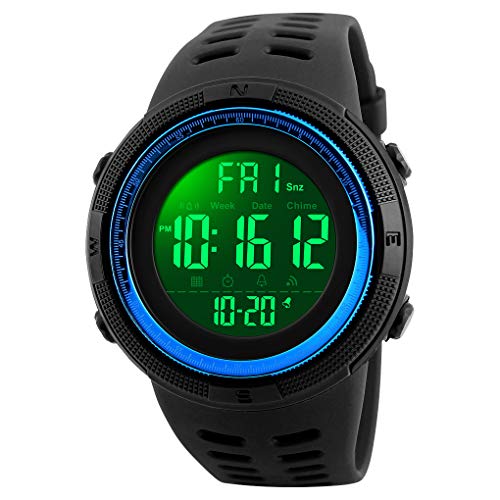 TONSHEN Herren Outdoor Sport Uhren Digitaluhr LED Elektronik Doppelte Zeit Alarm Stoppuhr Plastik Armbanduhr 50M Wasserdicht (Blau) von TONSHEN