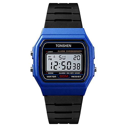 TONSHEN Herren Sport Digital 50M Wasserdicht Plastik Uhren LED Elektronik Alarm Outdoor Armbanduhr (Blau) von TONSHEN