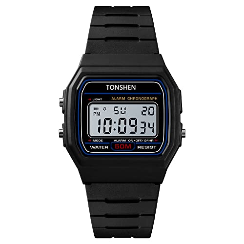 TONSHEN Herren Sport Digital 50M Wasserdicht Plastik Uhren LED Elektronik Alarm Outdoor Armbanduhr (Schwarz) von TONSHEN